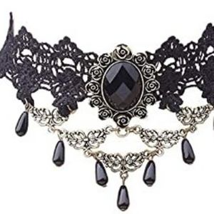 Steampunk Rhinestone And Lace Choker